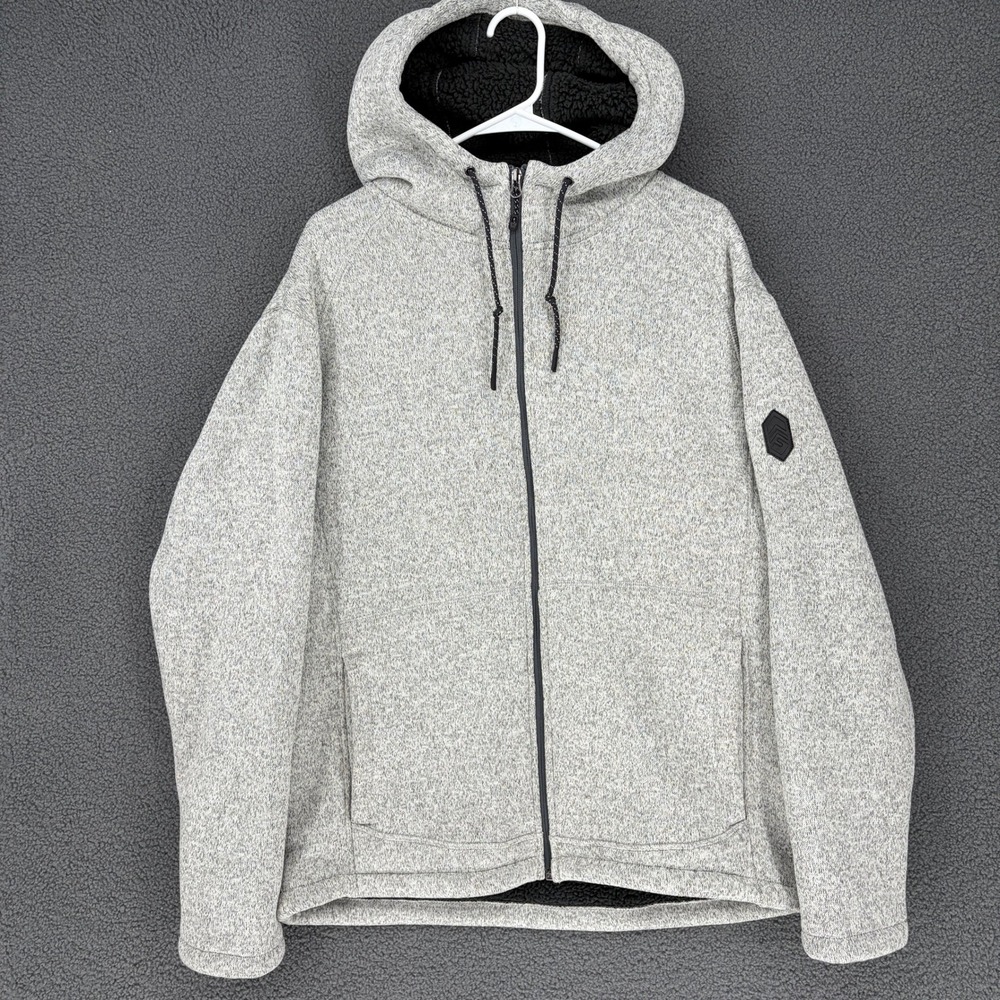 Free Country Mens Full Zip Sherpa Lined Sweater Fleece Hooded Jacket Gray Large